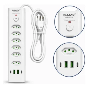 Filtro de Linha 6 Tomadas 2 USB 2 Ipo-c Cabo de 2 Metros Bmax BM-8722