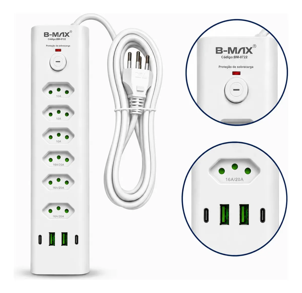 Filtro de Linha 6 Tomadas 2 USB 2 Ipo-c Cabo de 2 Metros Bmax BM-8722