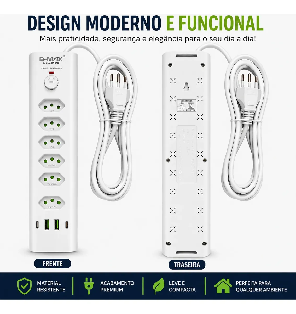 Filtro de Linha 6 Tomadas 2 USB 2 Ipo-c Cabo de 2 Metros Bmax BM-8722