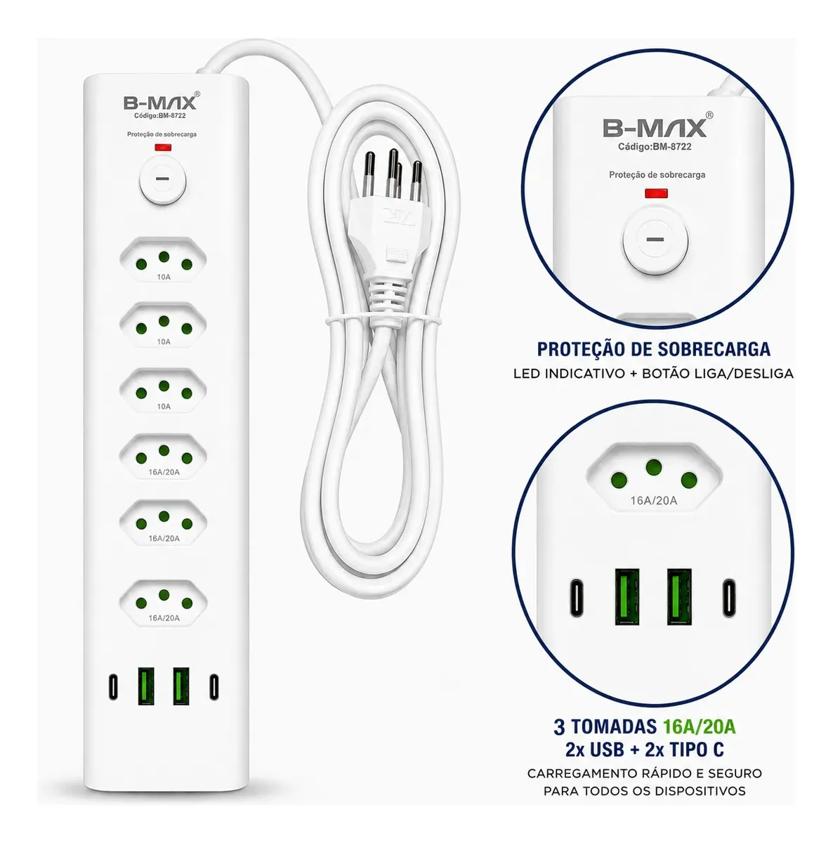 Filtro de Linha 6 Tomadas 2 USB 2 Ipo-c Cabo de 2 Metros Bmax BM-8722