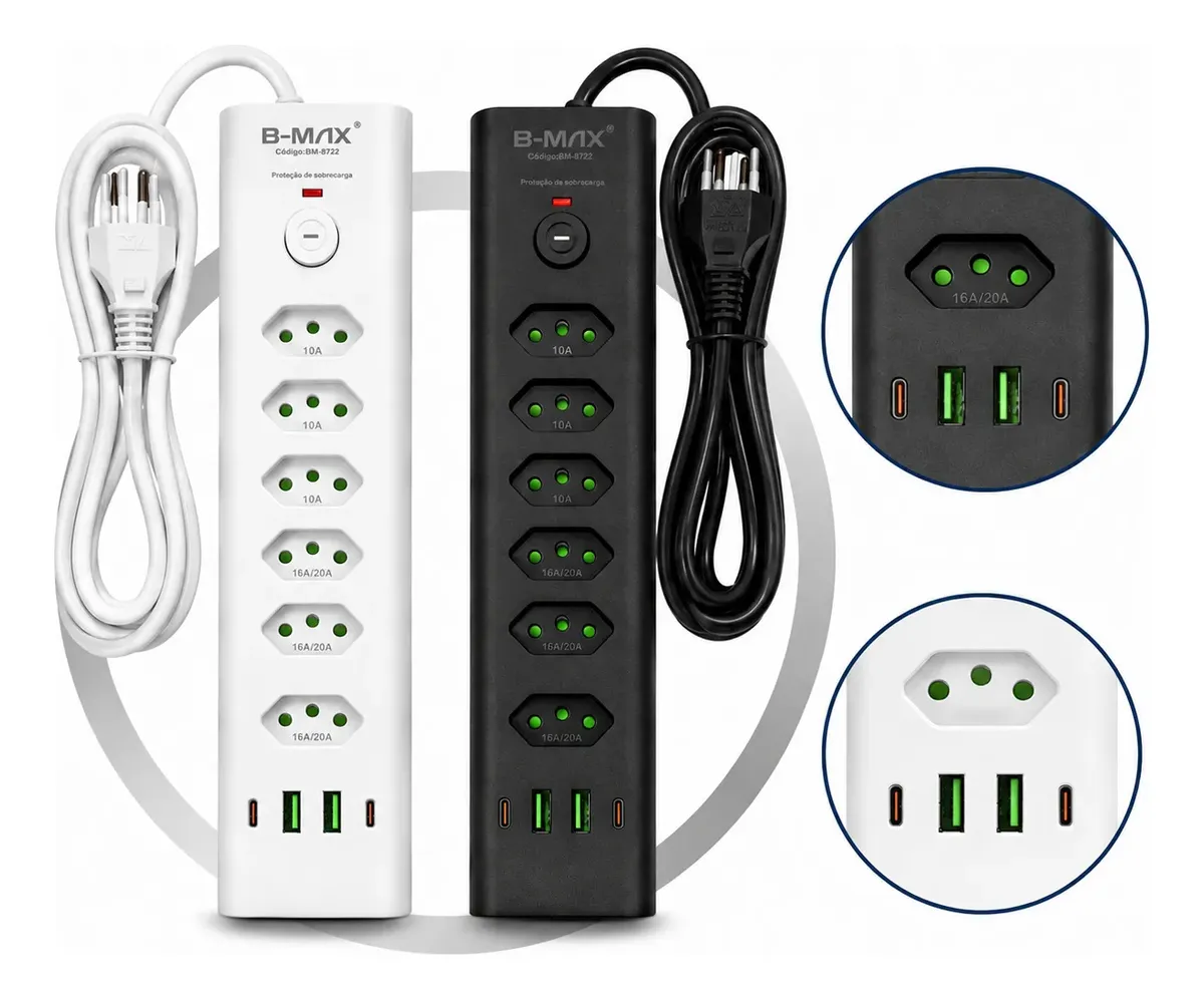 Filtro de Linha 6 Tomadas 2 USB 2 Ipo-c Cabo de 2 Metros Bmax BM-8722