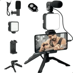 Kit Gravacao 5 em 1 Microfone BM-244 Tripe Luz Mic Suporte Controle